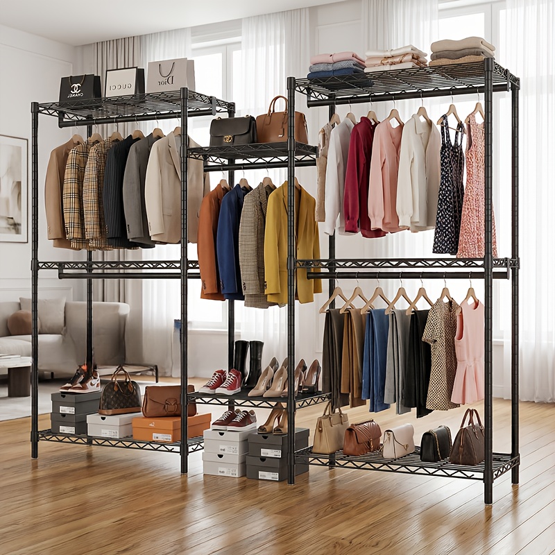 TEMU Portant à vêtements 900 LBS - Système de penderie en acier à 3 colonnes et 3 niveaux, portant à vêtements de 77" de hauteur avec 8 étagères et 5