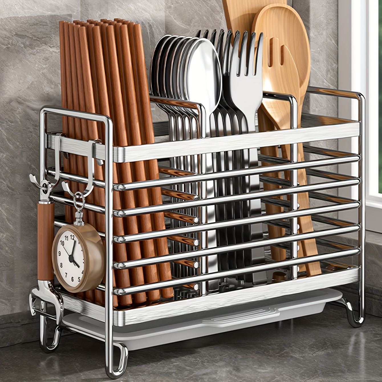 1pc Chopstick Holder, Kitchen Punch-free Wall-mounted Cutlery Storage Box, 2/3 Grids With Drain Tray And 4 Hooks, Knife Storage - Perfect Organizer For The Kitchen