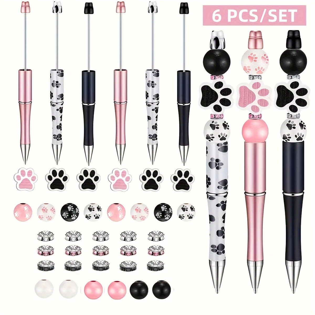 

6 Pcs/set Pink & Print & Puppy Footprint Themed Diy Beaded Ballpoint Pens With Wooden Beads & Crystal Spacer Beads - Perfect Gift For , Friends, Classroom Students, School, Office Use