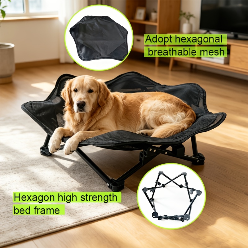 a foldable hexagonal breathable mesh dog bed with a compact space saving hexagonal frame the innovative hexagonal petal shaped bed surface   seamlessly   decor the   bed area allows pets to   comfortably     Product details 1