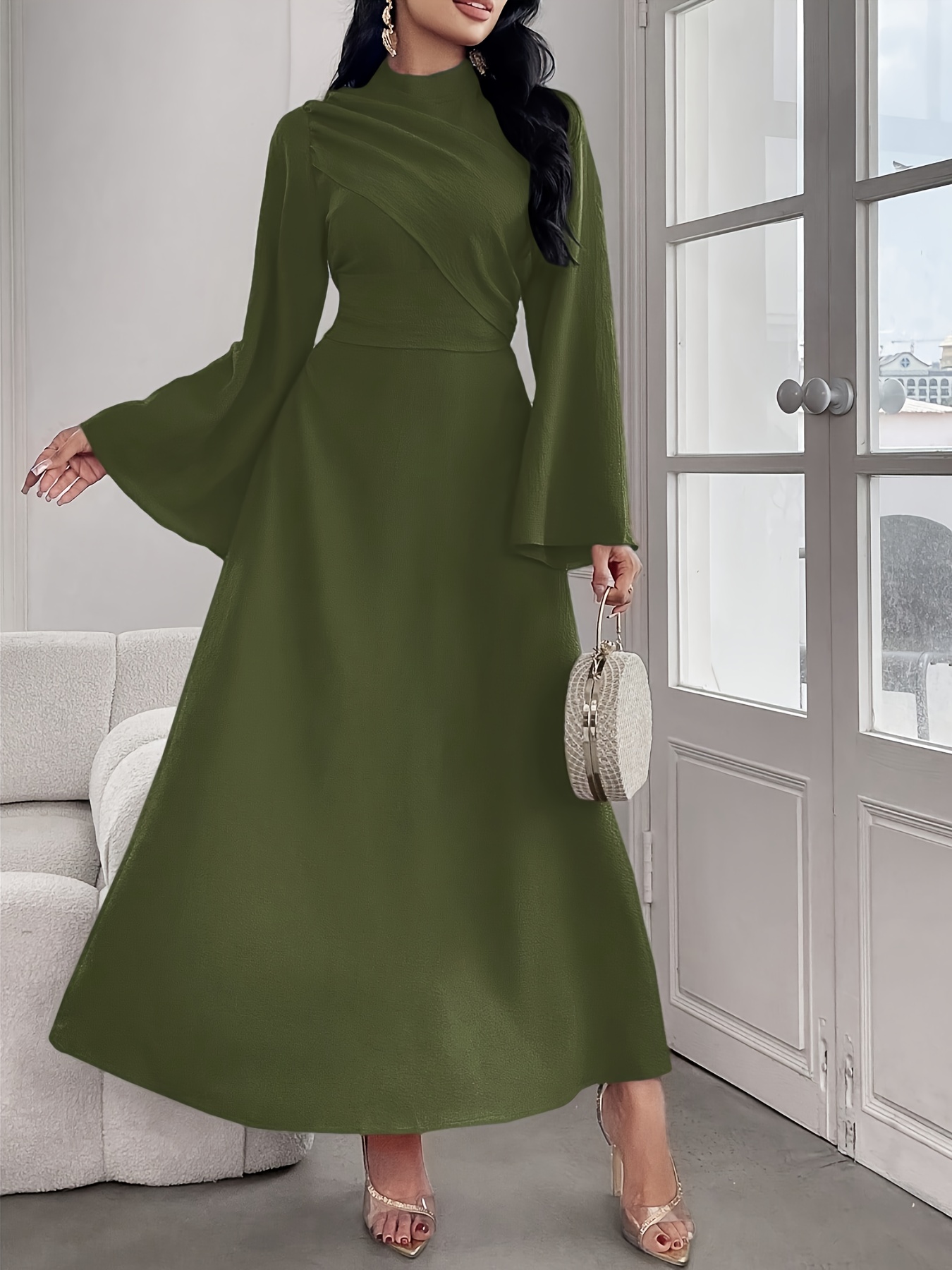 autumn winter light luxury high neck flared sleeve waist