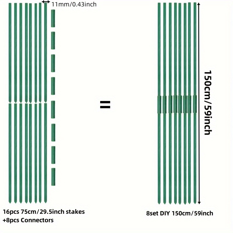 59" Support Stake & Connector Kit - Pvc-coated Metal For Tomatoes, Eggplants, & - Includes 16 Stakes & 8 Connectors