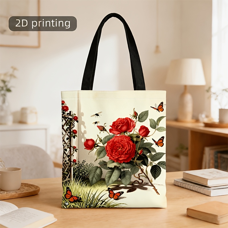 TEMU 1 Sac Bandoulière et Sac à Main Unisexe, Sac Fourre-tout Bandoulière avec Impression 2D Vintage Rouge et Papillon pour Quotidiens et Sorties