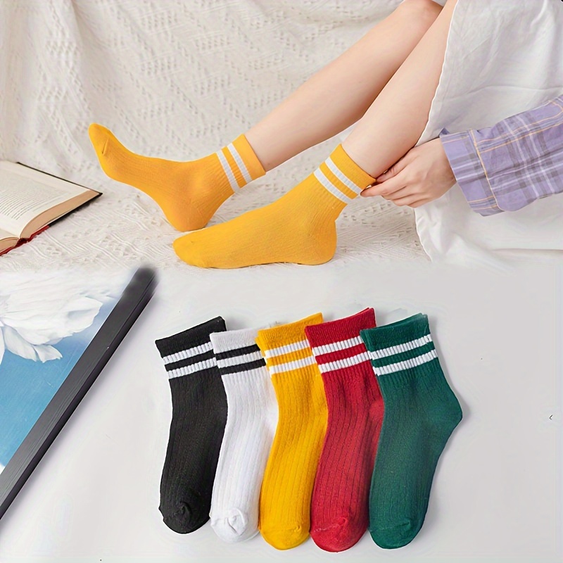 

5 Pairs Striped Crew Socks, Simple College Style Mid Tube Socks, Women's Stockings & Hosiery