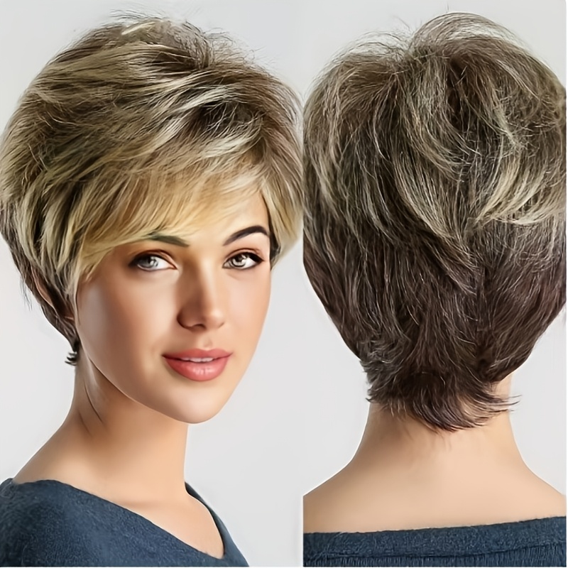 Women's Short Straight Wig With Golden Highlights Suitable For , -looking Fluffy Hair, For Daily Wear, Parties, Weddings & Photo Shoots - European/ Hairpiece