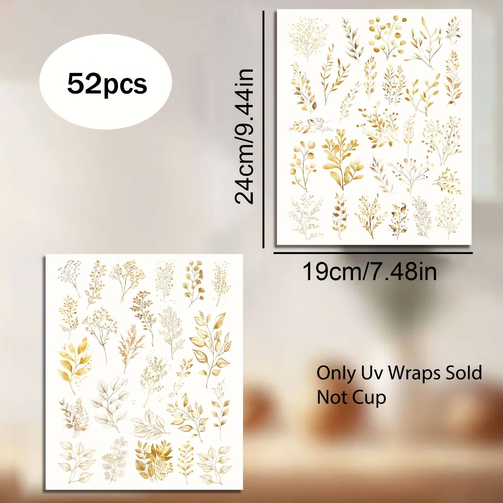 E-shop 52 Stück Goldene Eukalyptusblätter Rub-on Aufkleber 24CMX19CM Großformat Blumen Eukalyptusblätter Transfers Sprüche für Raysin für Möbel Glas