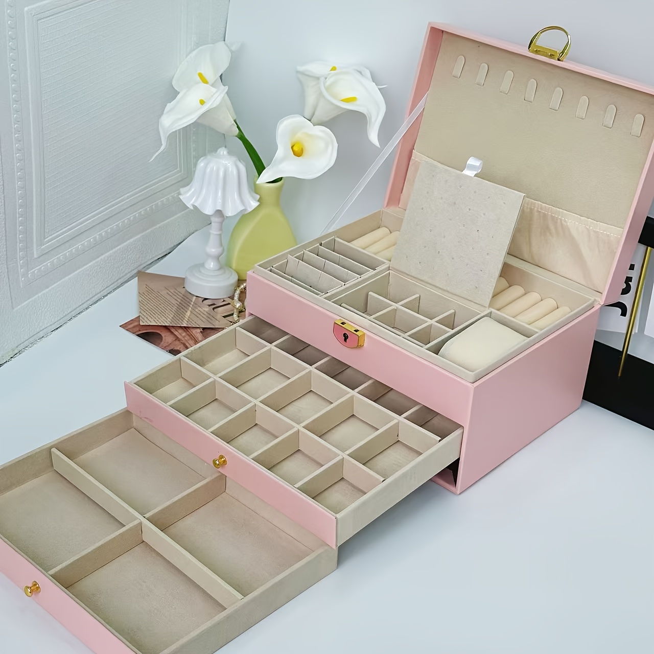 3 tier jewelry organizer box with soft fabric lining pink synthetic synthetic   leather storage for necklaces earrings rings and bracelets multi compartment design for easy organization jewelry box jewelry boxes Product details 2