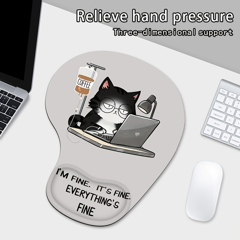 1pc whimsycat ergonomic silicone wrist rest pad anti slip   hand drawn hardworking   memory foam support for home office use details 0