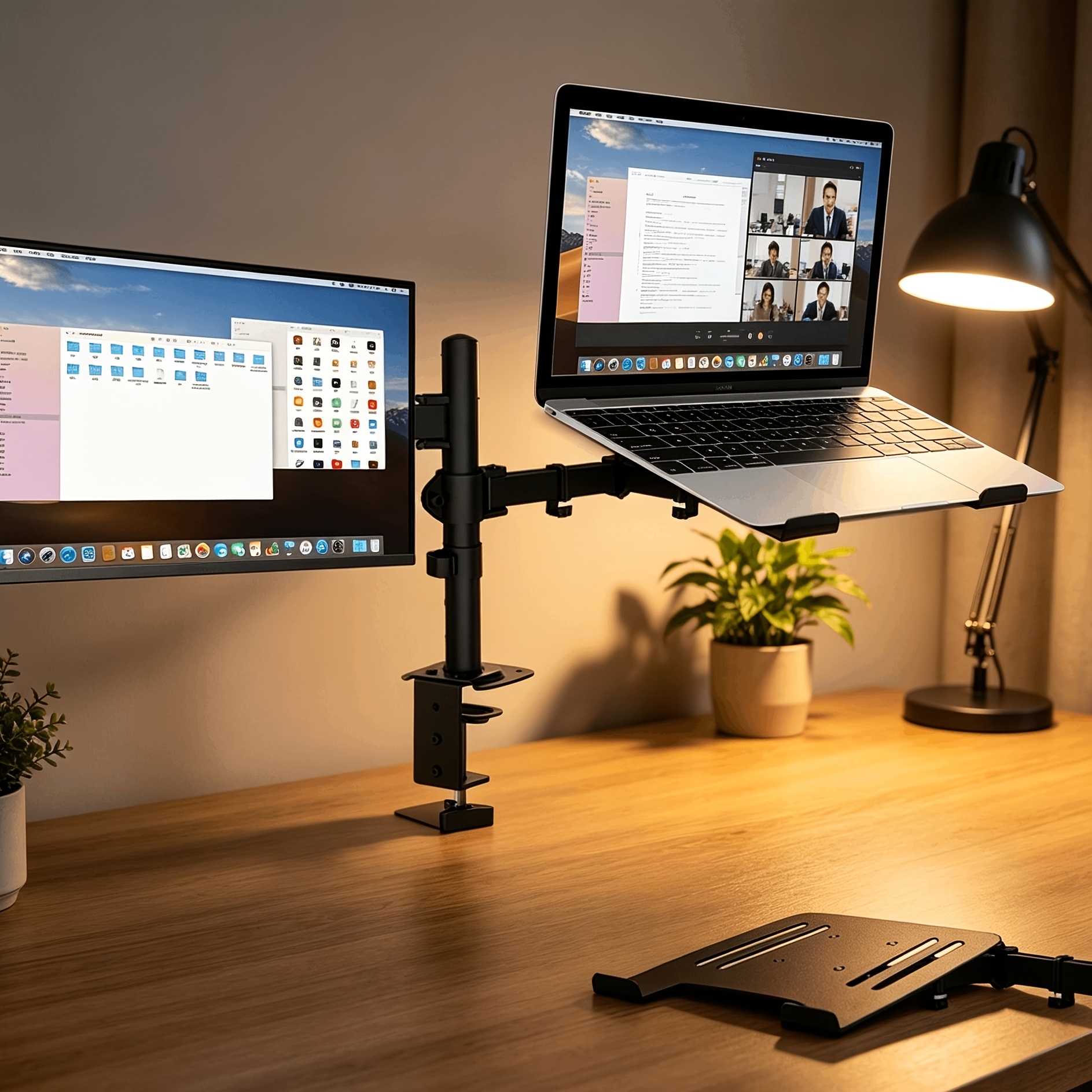 TEMU 2-in-1 Heavy Duty Monitor & Laptop Mount Stand With Adjustable Arm & Dual Base, Vesa 100mm/75mm Suitable For 13-32” Screens & 17” Notebooks, No