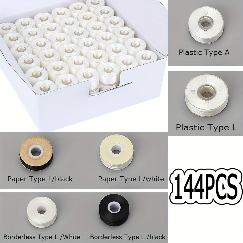 

144 Pcs Prewound Bobbins Set - Embroidery Sewing Thread, Mixed Type A & L, Plastic & Paper Sides, Cardboard & Borderless Designs - Assorted White & Black Colors