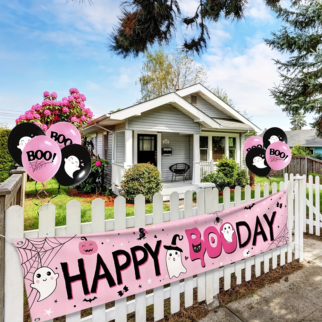 

Halloween Birthday Party Decor Set - Vinyl Happy Banner & 8 Pink Black Ghost Balloons - Universal Display For Garden, Carnivals - No Electricity Required