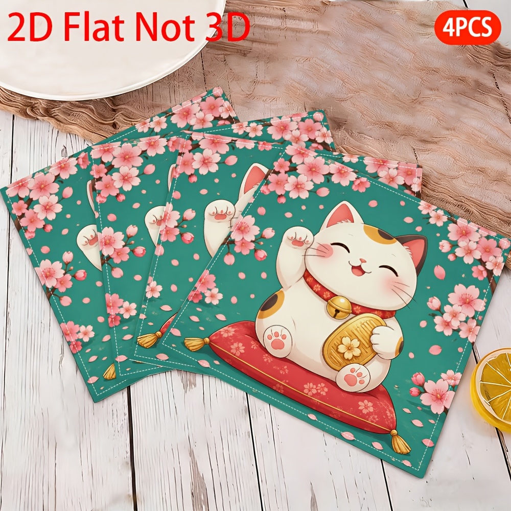 품목 사진 2d 평면, 4개, 벚꽃 배경의 招き猫(막대고양이), 테마 패브릭 냅킨, 레스토랑, 저녁 식사, 파티 장식, 크리스마스에 적합, 심플하고 스타일리시, 다양한 행사용 장식, 연회 장식, 가족과 친구를 위한 휴일 선물, 다용도, 휴일 선물, 2d 평면