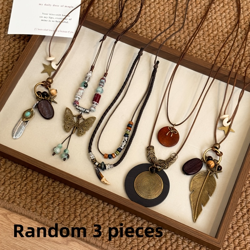 TEMU 3pcs Bohemian Vintage Geometric Feather Leaf Long Pendant Necklace Set, Suitable For Daily Wear, Attending Banquets, Gifting, Random Styles
