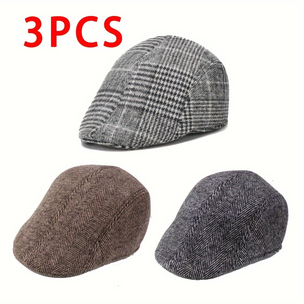 

3-pack Vintage Newsboy Caps For Men - Cotton Blend Casual Beret Hats, & Striped Patterns, Lightweight, Woven, Classic Flat Ivy Caps