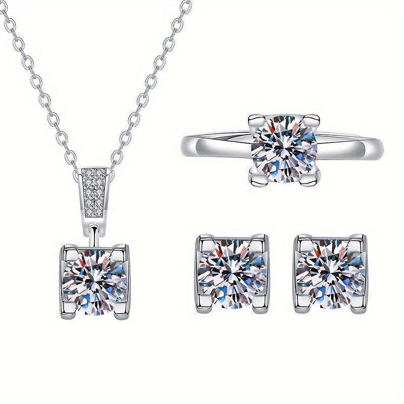 

Imitation Moissanite 925 Silver Jewelry Holiday Gift, New S925 Silver Imitation Moissanite Ring Earring Necklace Set Women', Elegant And Luxurious Style, Women's Gift