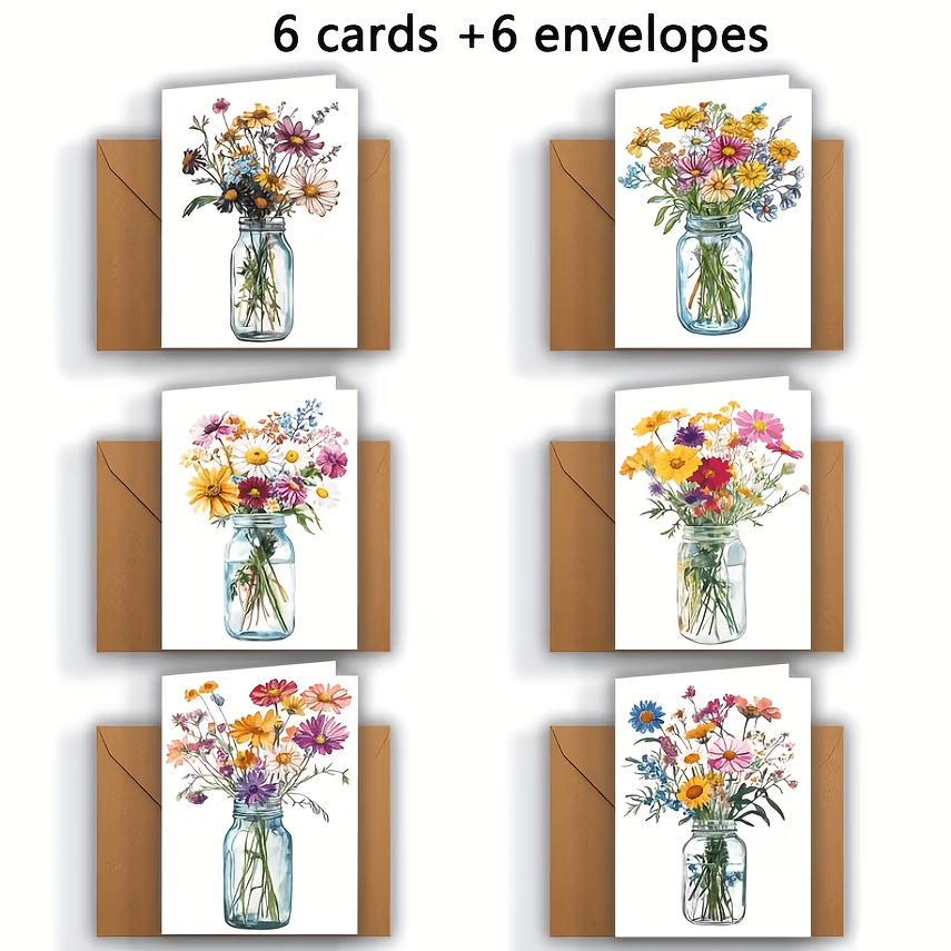 TEMU 12pcs Greeting Card Set With Envelopes - Beautiful Flowers And Vase Illustrations, Holiday Greeting Cards For Bulk Wholesale - Suitable For