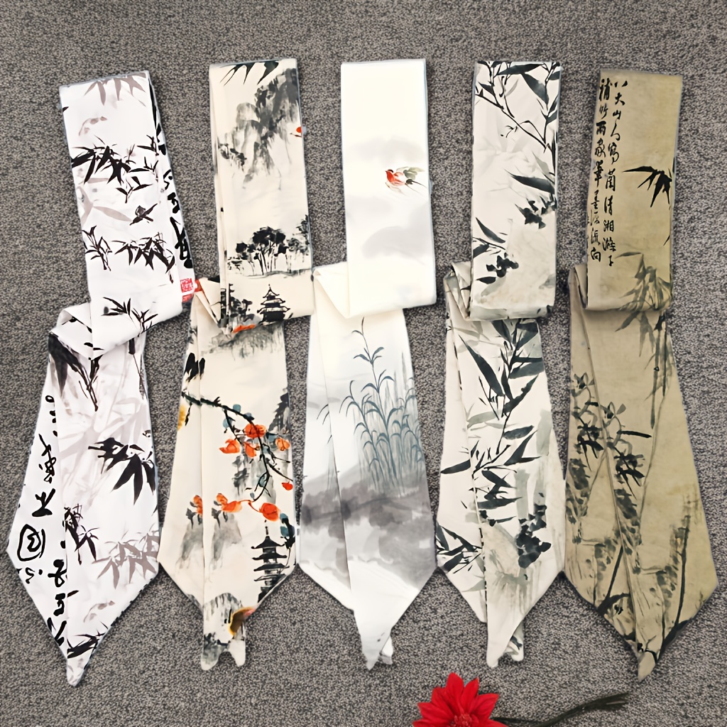 

5-pack Vintage Chinese Style Polyester Headbands, Ink Bamboo & Design, Traditional Chinese Hairbands, Watercolor Print Dress Up Accessories For Women