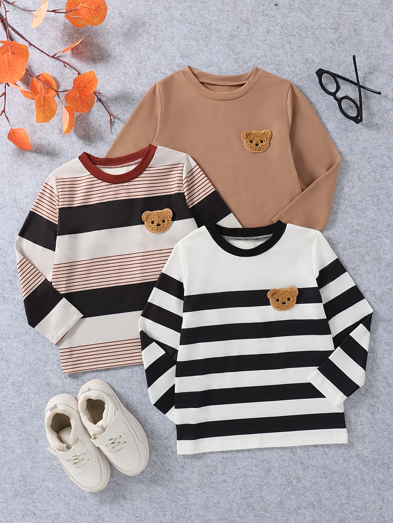 3pcs Multi-pc Combo Boys' Casual Outing Fashion Printed Stripe Pattern Round Neck Regular Fit Long Sleeve T-Shirt Tops for Spring and Autumn