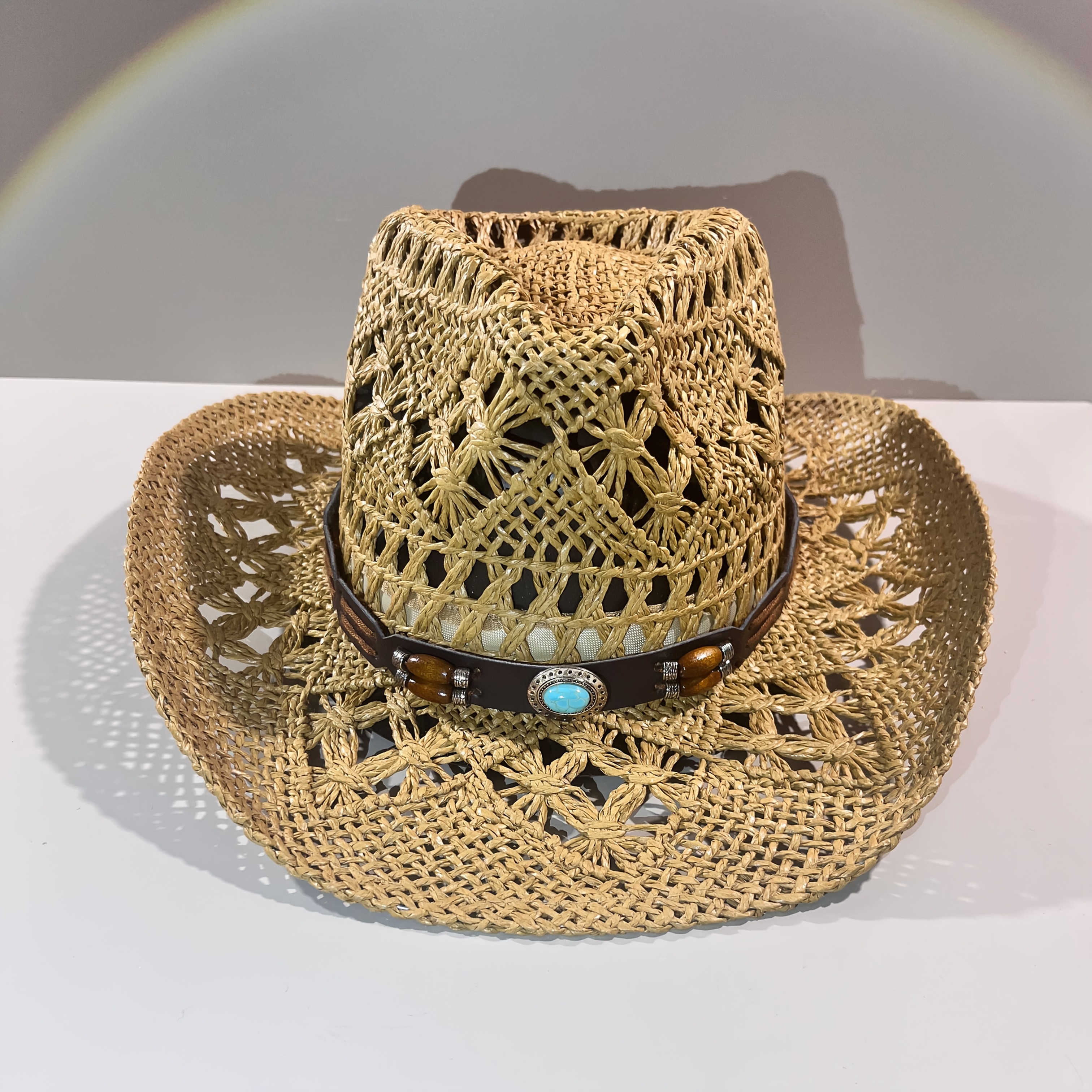 E-shop Unisex Western-Cowboy-Hut mit Lochmuster atmungsaktivem Papiergeflecht für Damen, atmungsaktiver Sommer-Reise-Sonnenhut, Zylinderhut für