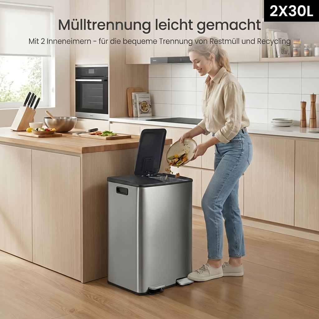 Trash Can, 2 X 30 , 2 Compartments, Waste Bin, Pedal Trash Can, Waste Sorting System, Kitchen Trash Can With Lid And Inner Bin, Steel, Including 15 Trash Bags
