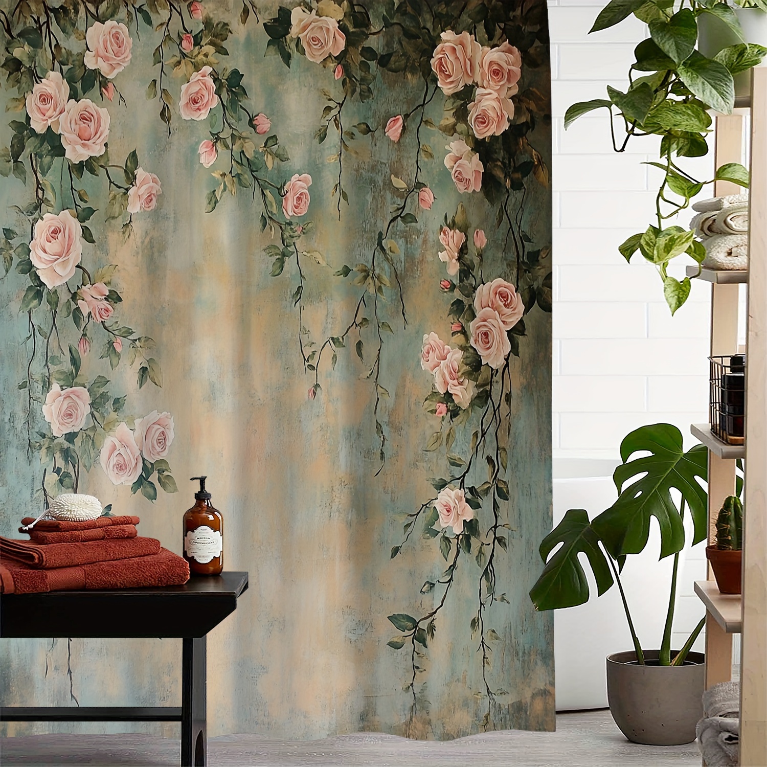 

Vintage Rose Vine Print Waterproof Shower Curtain With 12 Hooks - Suitable For Windows And Bathrooms - Machine Washable - Artistic Design - Seasonal Use - No Lining - Polyester Material - Woven Fabric