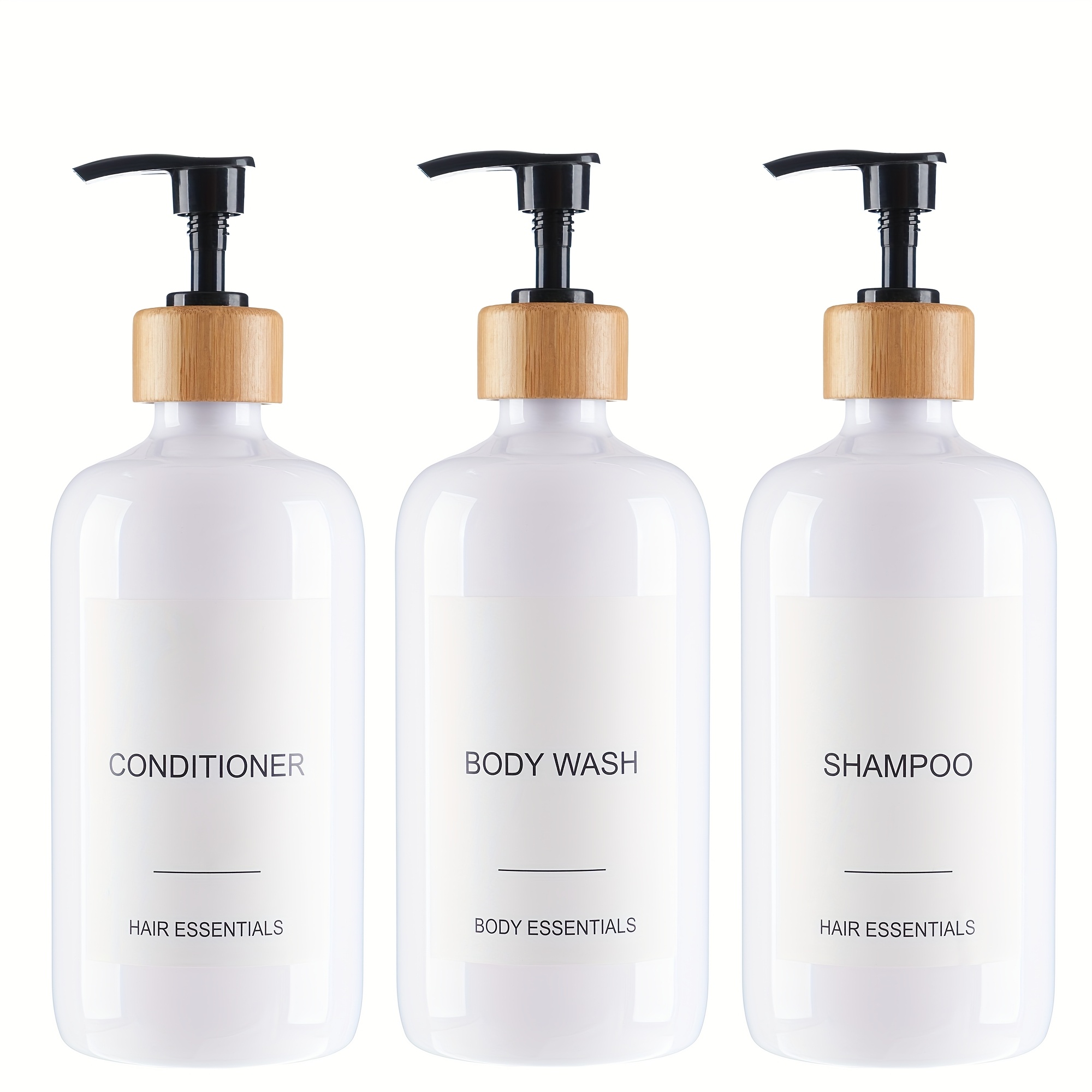 TEMU Juego de 3 dispensadores elegantes para champú y acondicionador - Botellas de PET modernas de 21 oz para jabón de ducha con bomba y etiquetas -