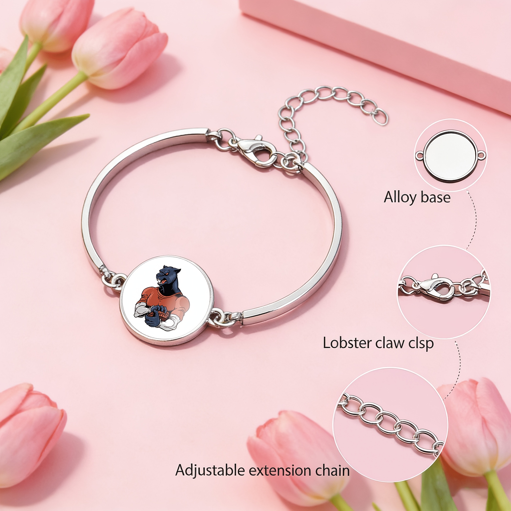 Women's Adjustable Bangle with Round Time Gemstone Inlay, Majestic Beast