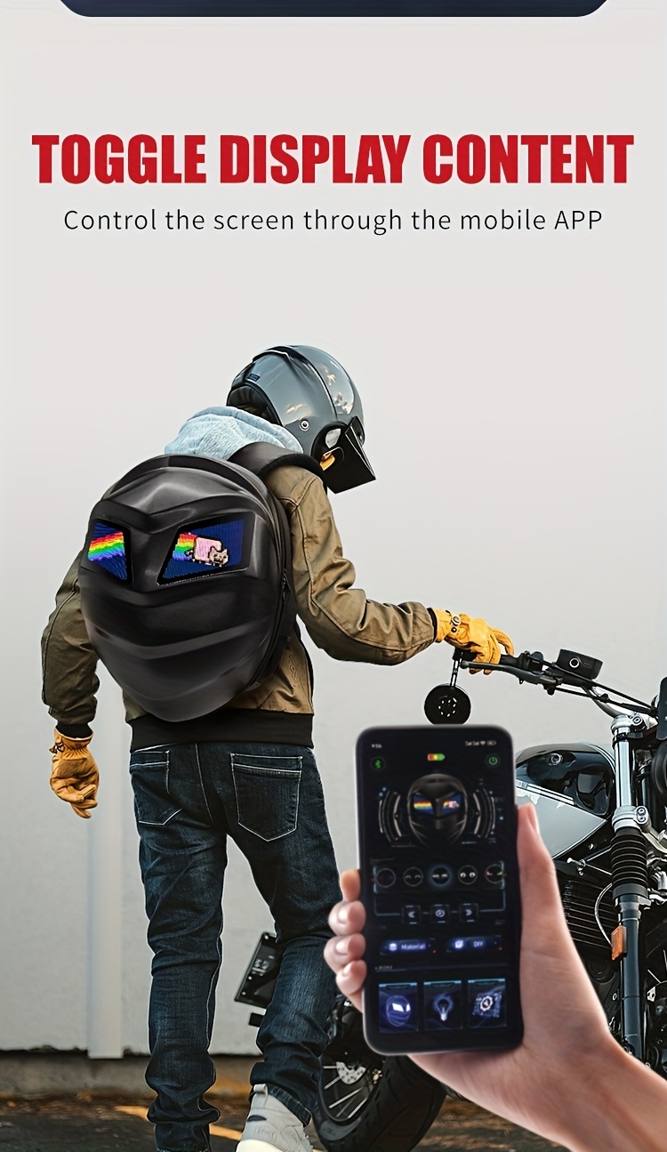 Sac à dos LED lumineux cool pour motards avec casque intégral, offrant une capacité de stockage super large