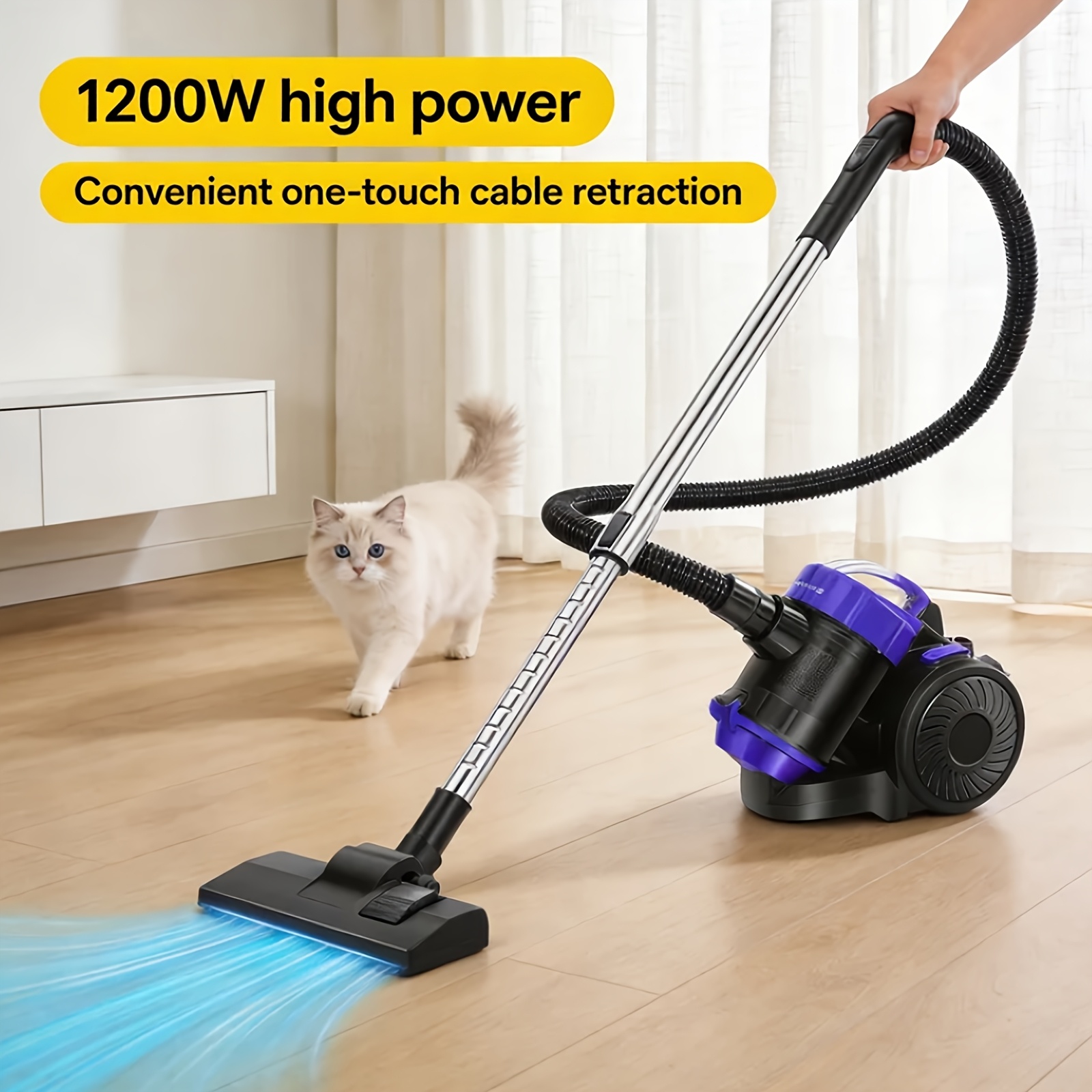 TEMU 1200w Bagless Cylinder Vacuum Cleaner, Lightweight Home Vac For Hard Floor & Carpet, Hepa Filtration, 4m Power Cord, Strong Suction, Easy-empty