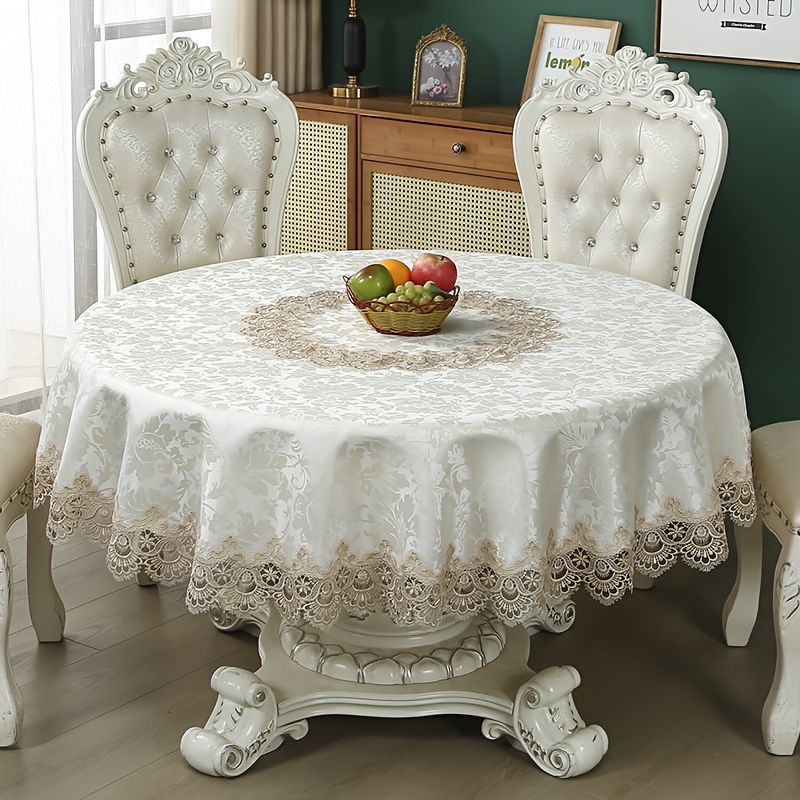 1pc   Round Tablecloth - Elegant Beige & Brown Floral Jacquard Design, Durable Polyester with Intricate Embroidery & Lace Trim, Machine-  Weddings, Thanksgiving, Parties, Coffee Tables - Fits Round Tables