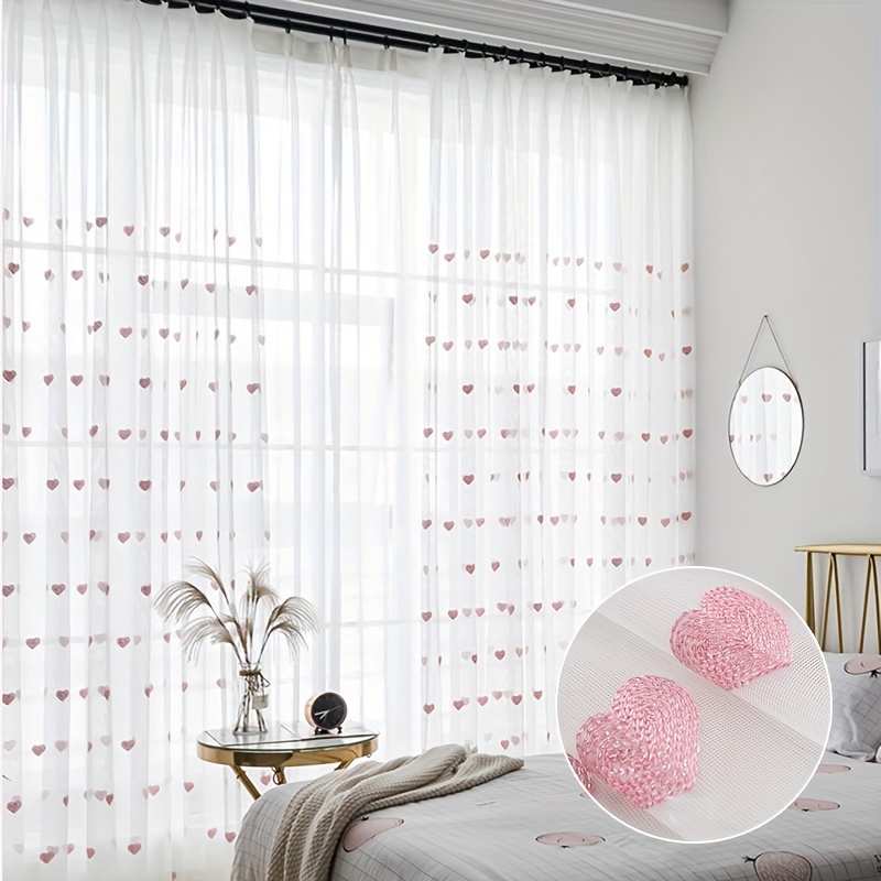 

Kawaii Heart Embroidered Sheer Curtain - Girls' Bedroom & Living Room Decor, Includes Hooks, Cartoon Style