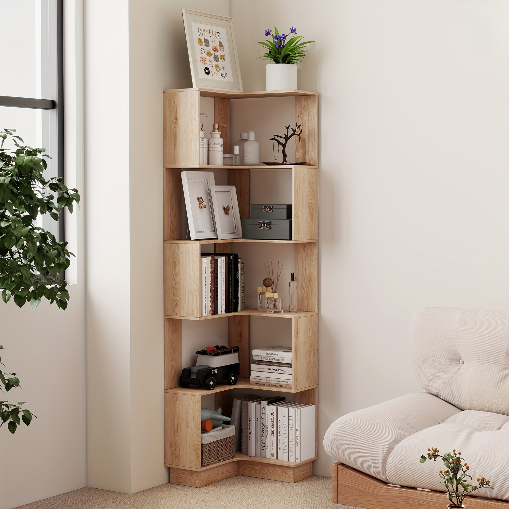 TEMU Étagère d'angle de L de 68.89 pouces, 5 niveaux, en bois naturel, de place, présentoir de rangement pour salon, chambre à coucher, bureau à