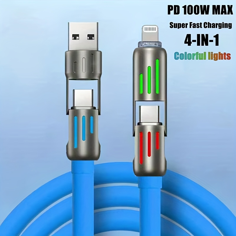 100W Max 4-in-1 USB-C Cable, PD Super Fast Charging and Data Synchronization, Silicone Material, Multi-Port Charging with Ccolor Light, Suitable for iPhone, for MacBook, for iPad, for SamSung, Xiaomi