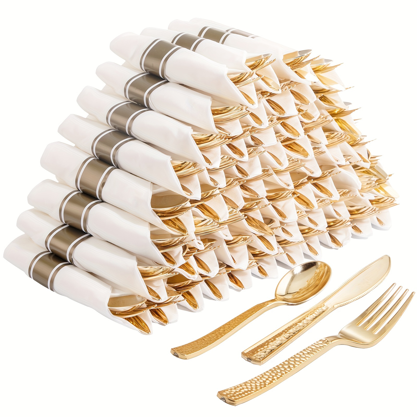 

50 Pack Gold Plastic Silverware, Pre Rolled Napkins With Gold Cutlery, Disposable Gold Silverware With White Napkins, Includes: 50 Forks, 50 Knives, 50 Spoons, 50 Napkins For Party