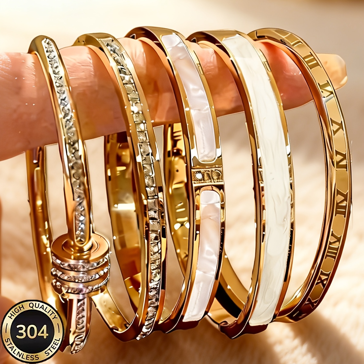 TEMU 5pcs 304 Stainless Steel Hypoallergenic 18k Gold-plated Women's Bracelet Set, Non-tarnishing Roman Stackable Cuff Bracelets, Fashion Jewelry For