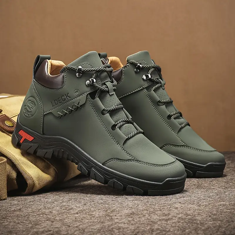 1pair vintage style mens high top casual sneakers solid color lace up upper fabric inner pvc sole round toe for hiking daily wear Product details 5