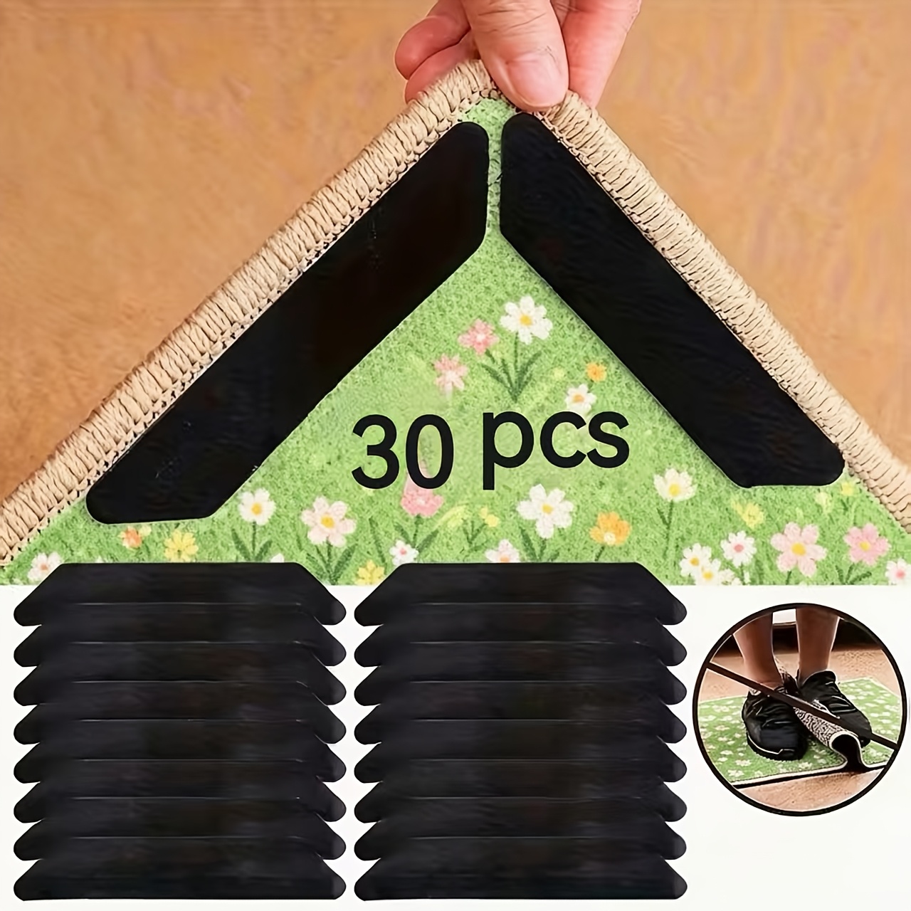 Image of 30pcs Of Non-slip Fixed Carpet Sticker [ Without Residue] Reusable Tape, Non-slip Mat And Washable Surface Anti-curling Fixer, Suitable For Hardwood Floor And Ceramic/tile Surface