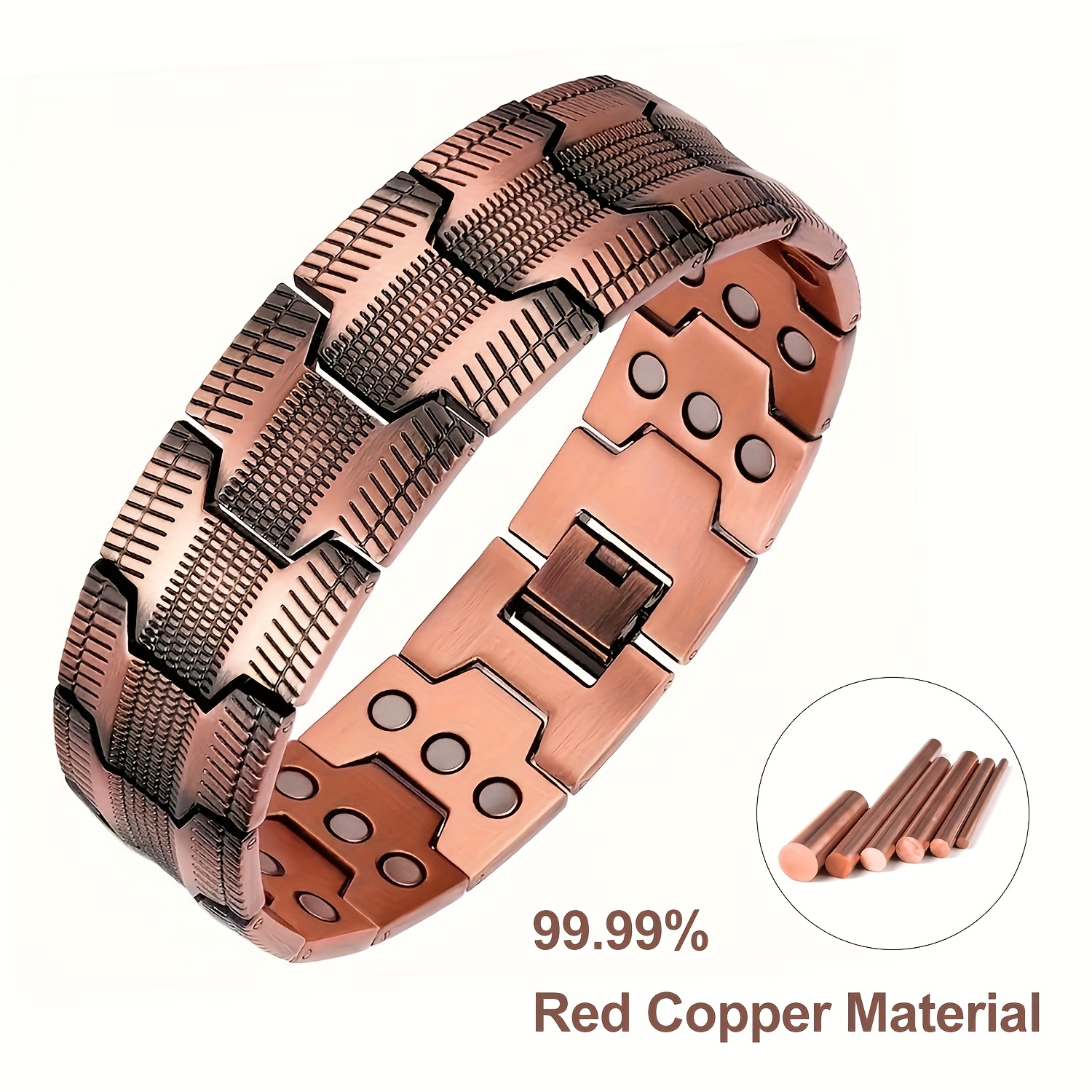 TEMU Men's Pure Copper Magnetic Bracelet - Adjustable Size With Tool, Solid Copper Interlocking Design, 3-row Magnetic Technology Smart Clasp &