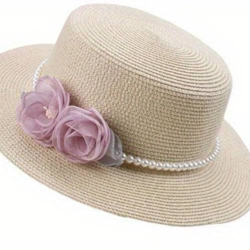 2d flat womens straw boater hat with 3d pink floral accents embellishments wide brim beach hat breathable flat for summer casual formal outfits handcrafted details fashionconscious women