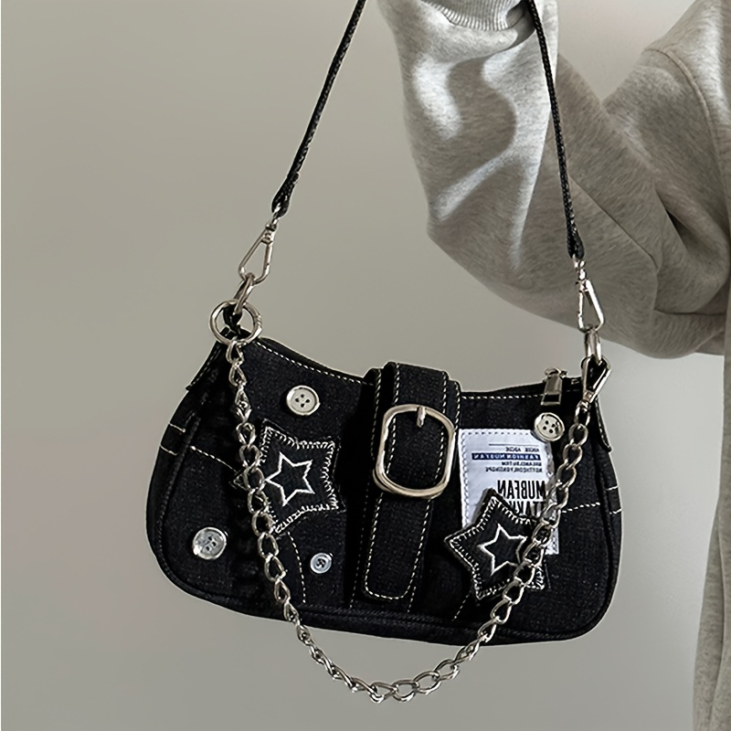Image of Keaplayee Women's Y2k Crescent Bag With Chain & Star Details - Vintage Crossbody/shoulder Purse, Crescent Shape, Zipper Closure, /, Handbag For Shopping, Vacation, Parties, Daily Use
