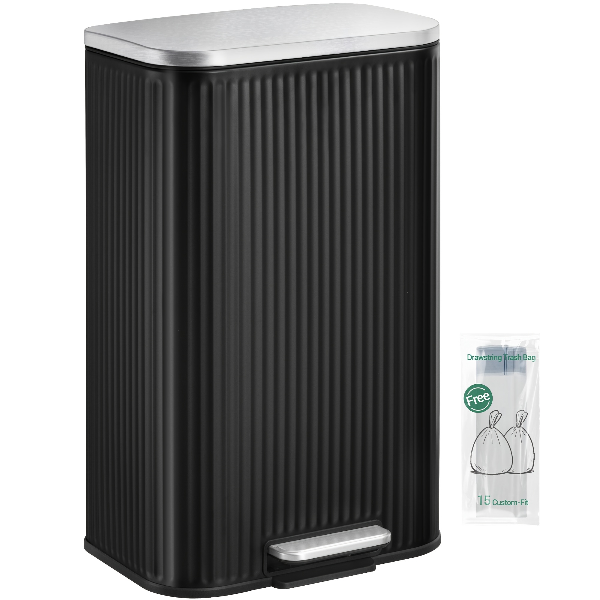 Kitchen Trash Can, 30l Pedal Bin With Removable Inner Bucket, Modern Vertical-stripe Trash Can With Lid And 15 Trash Bags, 35×28×61cm