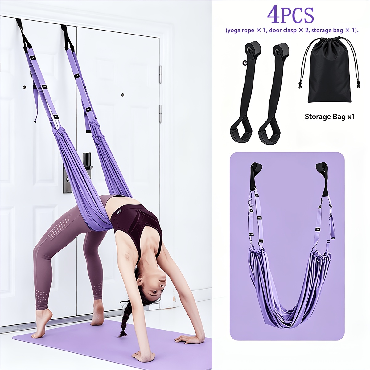 TEMU 4pcs Door Mount Set With Door Anchor & Storage Pouch - High- Training Ropes Suitable For Split, Aerial Yoga, Home Gym Stretching Equipment, Door