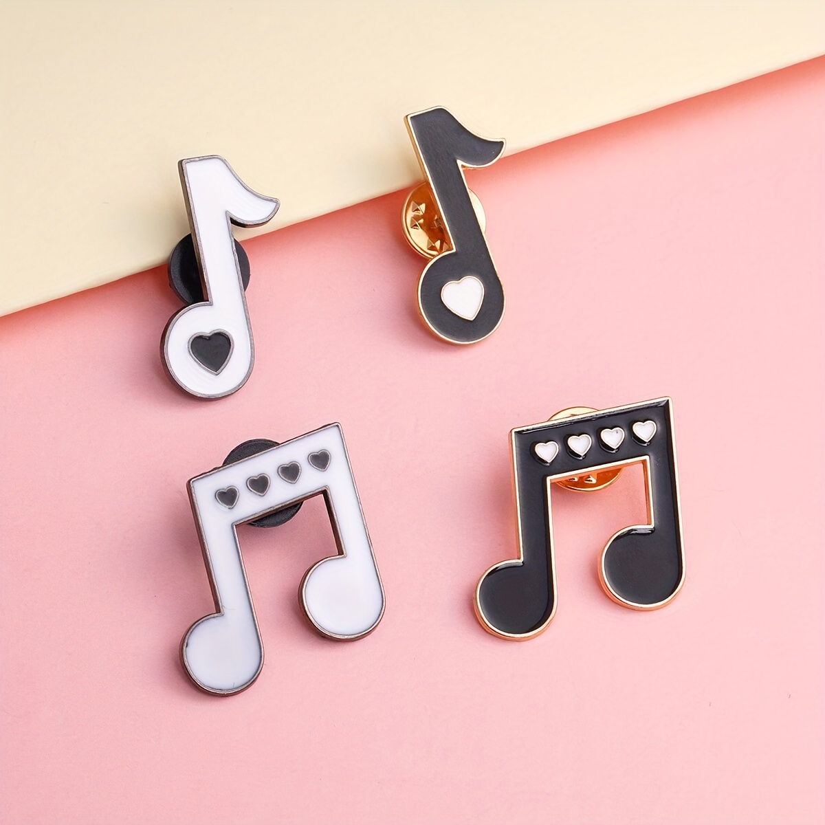 

4 Pcs Creative Music Note Pins - Black And White Metal Badges For Clothing Accessories