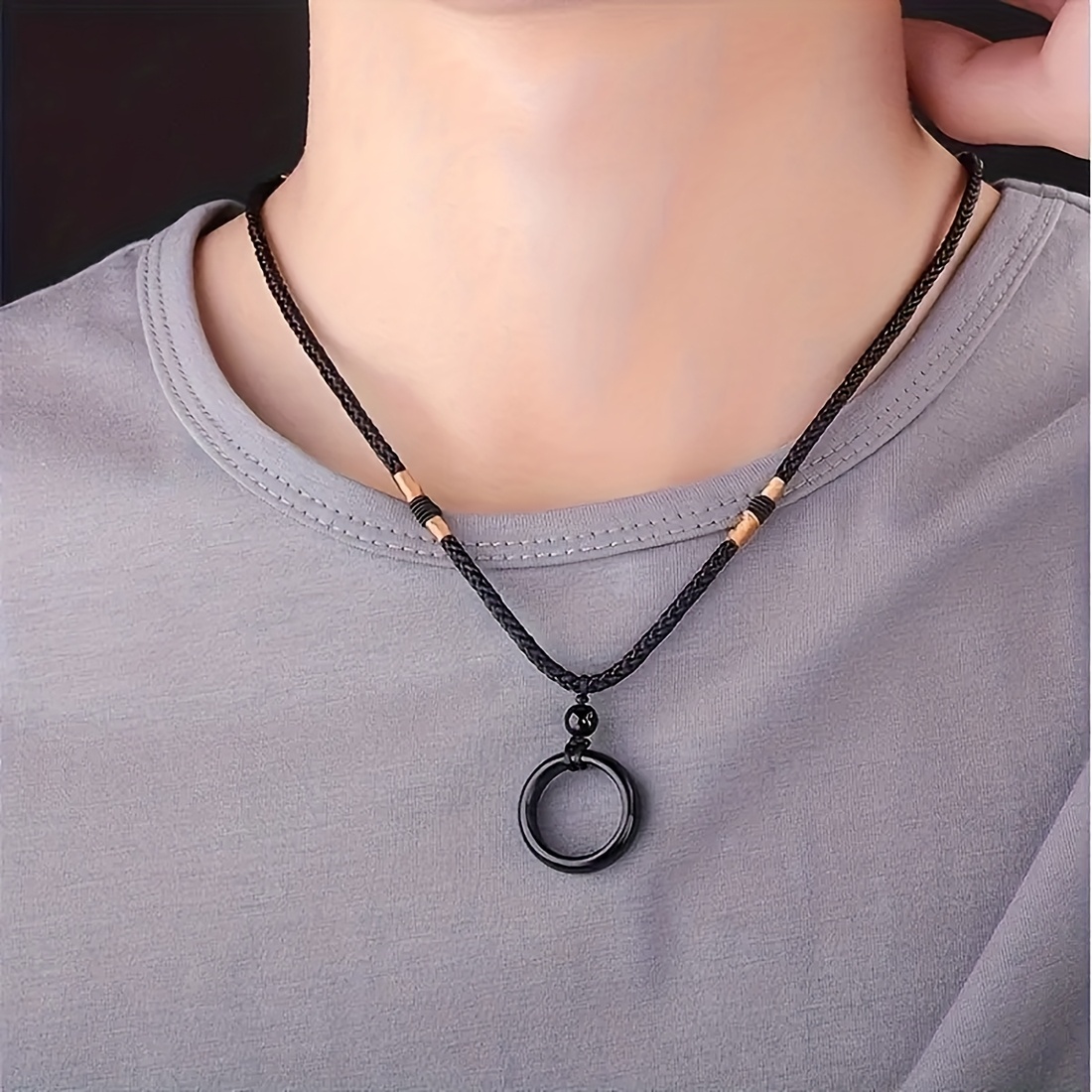 Men's Black Agate Ring Design Pendant Necklace, Elegant Gift