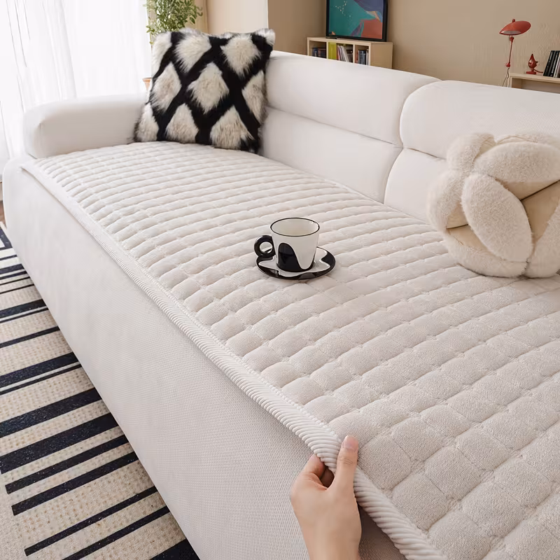 a 1pc thick quilted flannel sofa cover handcrafted in a modern minimalist style with a matching wide border design this plush non slip sofa cushion friendly and scratch resistant machine washable suitable for Product details 9