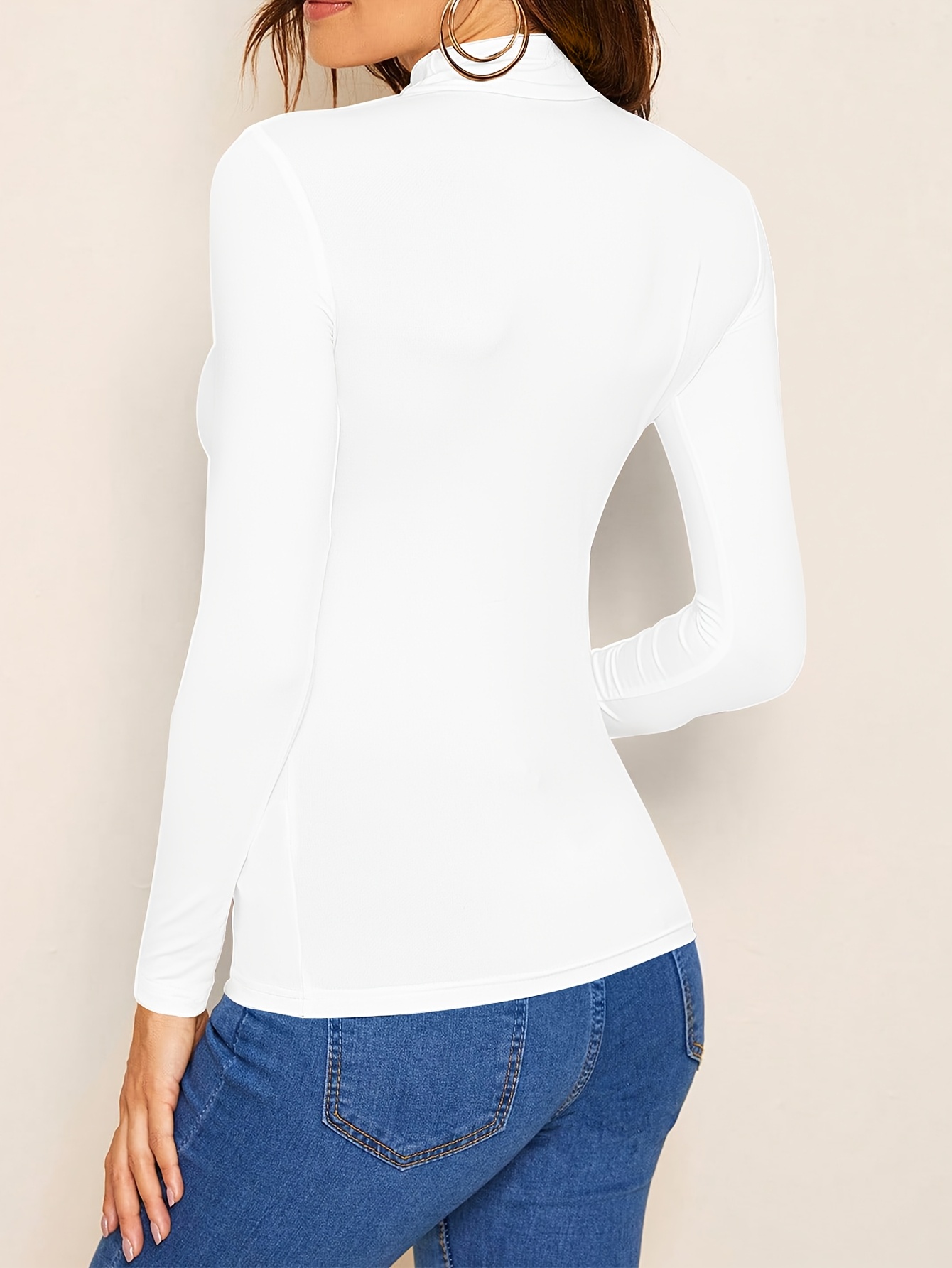 Solid Color Mock Neck T-Shirt, Versatile Long Sleeve T-Shirt For Spring & Fall, Women's Clothing
