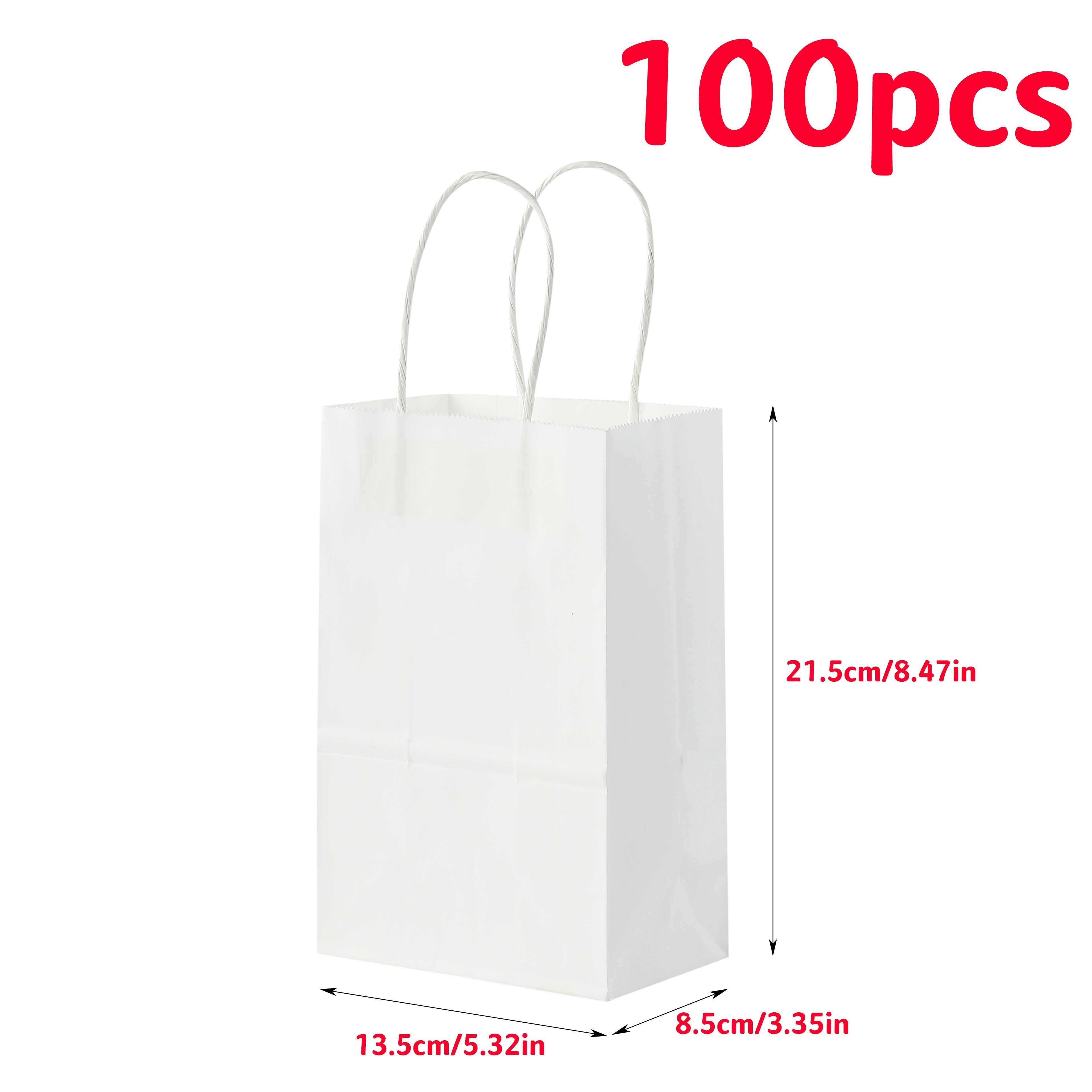 100-pack White Paper Bags, Disposable Takeaway Bags With Handles, , No Closure, Packaging For Retail, Events, And Delivery