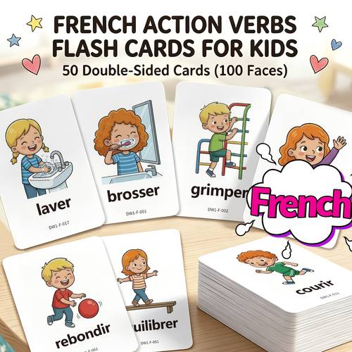 cute french action words flash cards for kids 100 unique actions on 50 durable cards boost early vocabulary with illustrations and rounded corners for safety fun daily learning game
