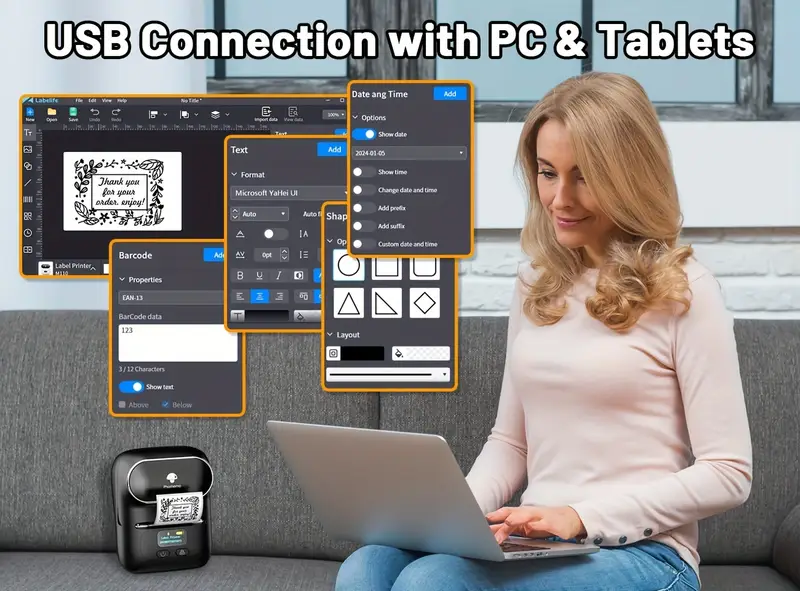 phomemo m110 label maker wireless label printer with one roll 40x30mm thermal sticker label thermal label printer for store owner small business address logo clothing mailing sticker printer for phones pc mini labeler for barcode document product information details 3