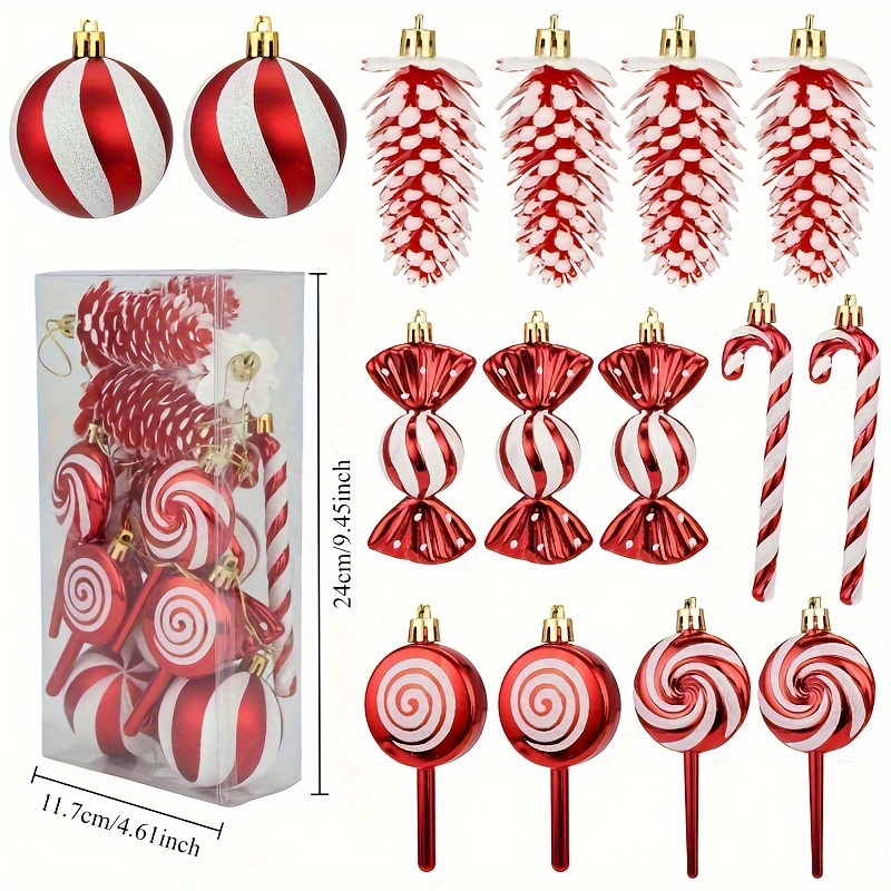 TEMU 15pcs Christmas Ornament Set - Red & , Durable Plastic, -attach Decor For